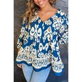 Blue Tribal Geometric Print 3/4 Sleeve Flowy Fi...