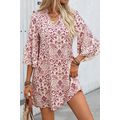 Pink Paisley Print Tiered 3/4 Sleeve Notched Ne...