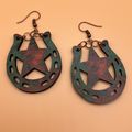 EARRINGS Rustic Horseshoe Lucky Star Wooden #705