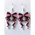 Skull With Pink And Black Bow Silver Plated Hook Earrings Goth/Halloween/Horror