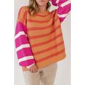 Orange Stripe Colorblock Crew Neck Drop Shoulde...