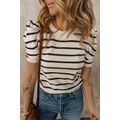 Black Stripe Ribbed Trim Round Neck Bubble Slee...