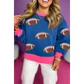 Blue Sequin Rugby Color Block Bubble Sleeve Swe...