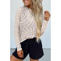 Khaki Checkered Pattern Mesh Mock Neck Long Sle...