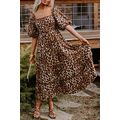 Brown Leopard Print Bubble Sleeve Square Neck M...