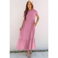 Pink Solid Color T-shirt High Waist Pocketed Lo...