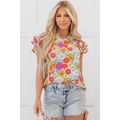 Yellow Floral Print Shirred Tiered Ruffled Slee...