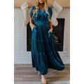 Prussian Blue Velvet Short Sleeve Shirred Waist...