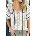 White Floral Ruffled Collar Short Puff Sleeve P...