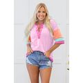 Pink Solid Color Half Sleeve Buttons Henley Top