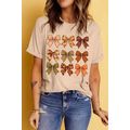 Khaki Halloween Fall Bowknot Graphic Short Slee...