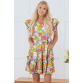 Sky Blue Floral Print Smocked Notch V Neck Flut...