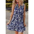 Blue Floral Sleeveless Colorblock Notched V Nec...
