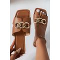 Chestnut Metal Chain Decor Square Toe Faux Leat...