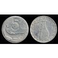 Italy 5L 1954 Dolphin and Rudder Used Coin