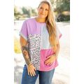 Rose Red Leopard Colorblock Patchwork Corded Kn...