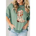 Smoke Green Floral Boots Printed Raw Seam Mix T...