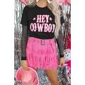 Black HEY COWBOY Letters Crew Neck T-shirt