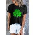 Black Sequin Clover Embroidered Round Neck Grap...
