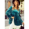 Sea Green Velvet V Neck Peplum Hem Puff Sleeve ...