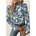 Sky Blue Floral Print Flounce Sleeve Keyhole Ba...