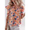 Orange Summer Flower Print Notched Neck Ruffle ...