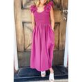 Rose Red Solid Color Ruffled Straps Smocked Ruc...
