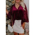 Red Dahlia Sequin Patchwork Sleeve Button Up Ve...
