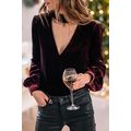 Biking Red Choker Neck Hollow-out Velvet Blouse