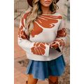 Beige Bold Flower Pattern Wide Sleeve Baggy Swe...
