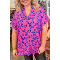 Rose Contrast Leopard Print Plus Size V Neck Bl...