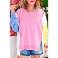 Bonbon Color Block Exposed Seam Side Slits Crew...