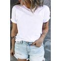 White Round Neck Rolled Sleeve Plus Size T-shirt