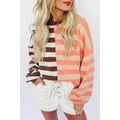 Brown Stripe Color Block Drop Shoulder Pullover...