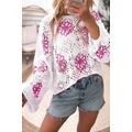 White Contrast Flower Print Eyelet Drop Shoulde...