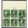 408, Used 1¢ Superb Top Plate Block of Six Stam...