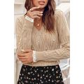 Smoke Gray Pearl Beaded Pointelle Knit V Neck L...