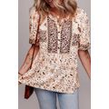 Khaki Boho Floral Print Half Placket Short Slee...