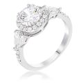 Rhodium Plated 3-Stone Clear CZ Round Halo Pear...
