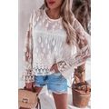 Beige Embroidered Mesh Flounce Sleeve Blouse