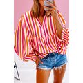 Orange Stripe Balloon Sleeve Notched V Neck But...