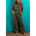 Moss Green Half Button Belted Utility Short Sle...