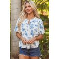 Sky Blue Floral Tiered Puff Short Sleeve Pleate...