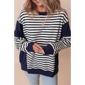 White Stripe Color Block Exposed Seam Loose Fit...