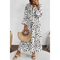 White Leopard Print Notch V Neck Loose Fit Maxi...