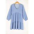 Beau Blue Puff Sleeve V Neck Tiered Ruffled Cha...