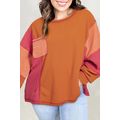 Orange Textured Knit Color Block Patchwork Ches...