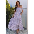 Purple Floral Short Bubble Sleeve Shirred High ...