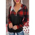 Black Contrast Buffalo Plaid Zip Pullover Hoode...