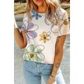 Beige Summer Flower Print Casual Round Neck T S...